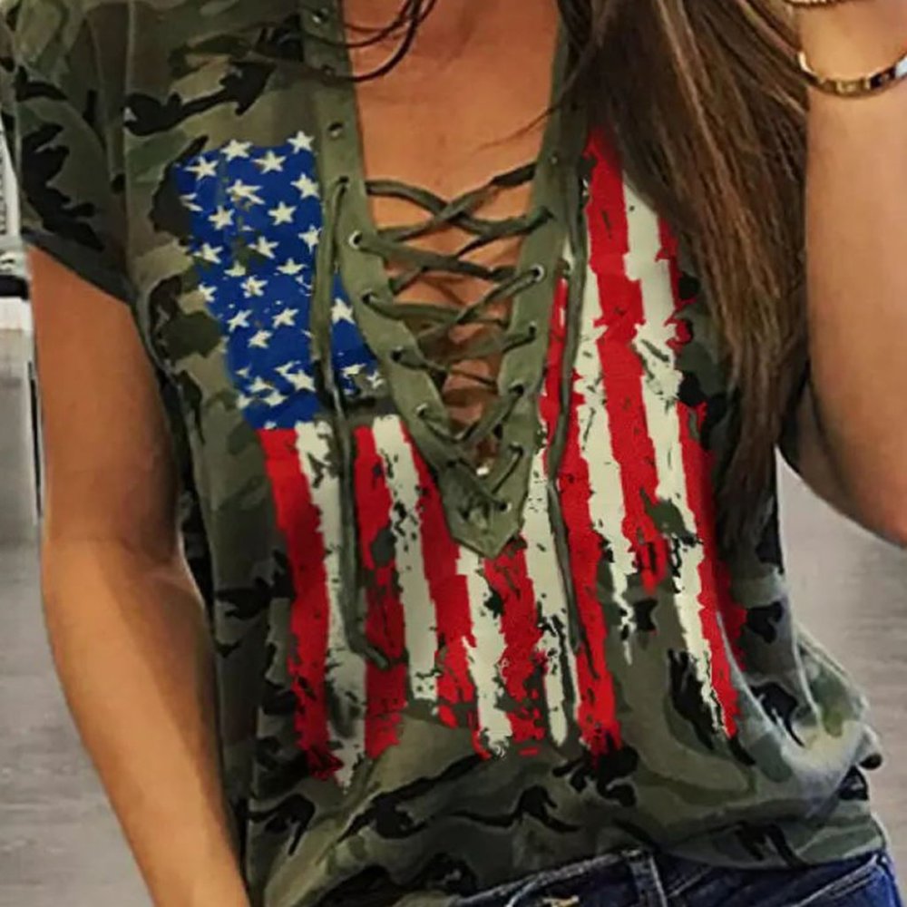 New Womens Green Camo American Flag Print Lace Up T-shirt Small